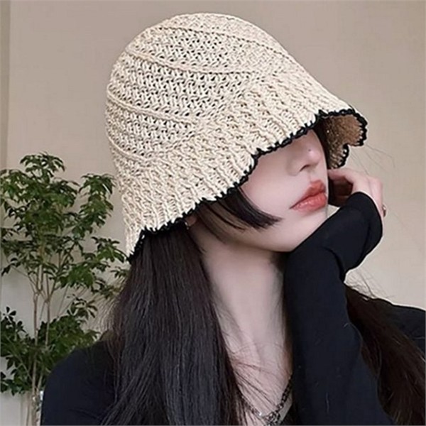 물결 여성 밀짚 벙거지 라탄 여성 배색 버킷 햇 여름 - 상품 이미지