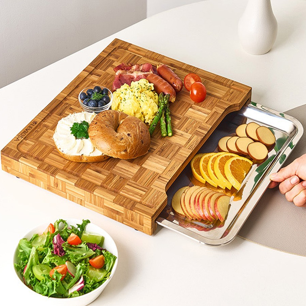 친환경 고급 도마 대나무 서랍 도마 앤드그레인 스탠 도마 트레이 - 상품 이미지