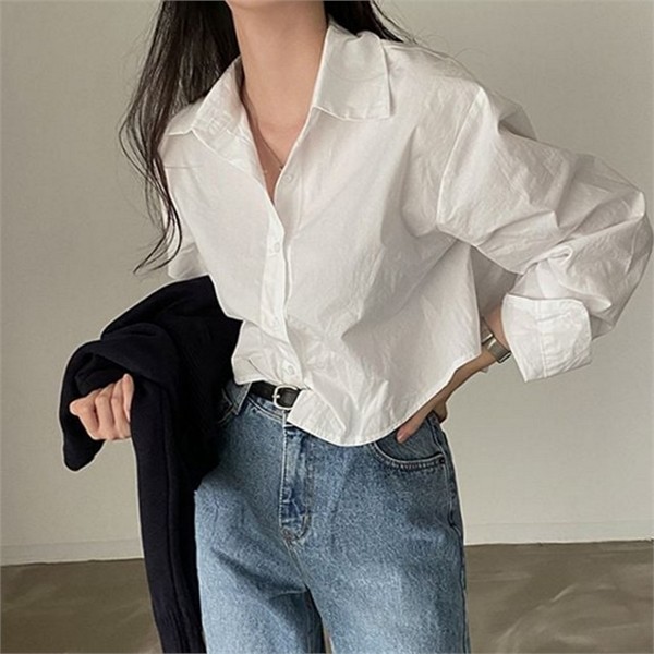 기본 여성 크롭 셔츠 null 블라우스 여성 긴 팔 셔츠 - 상품 이미지