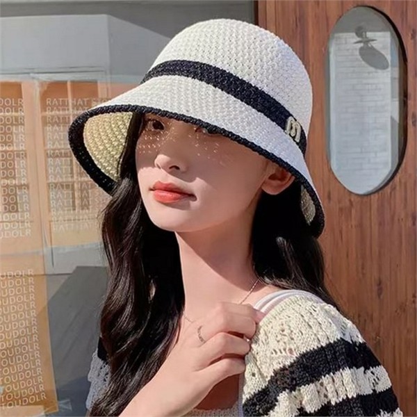 라피아 여성 버킷 햇 벙거지 여성 밀짚 모자 바캉스 여행 - 상품 이미지
