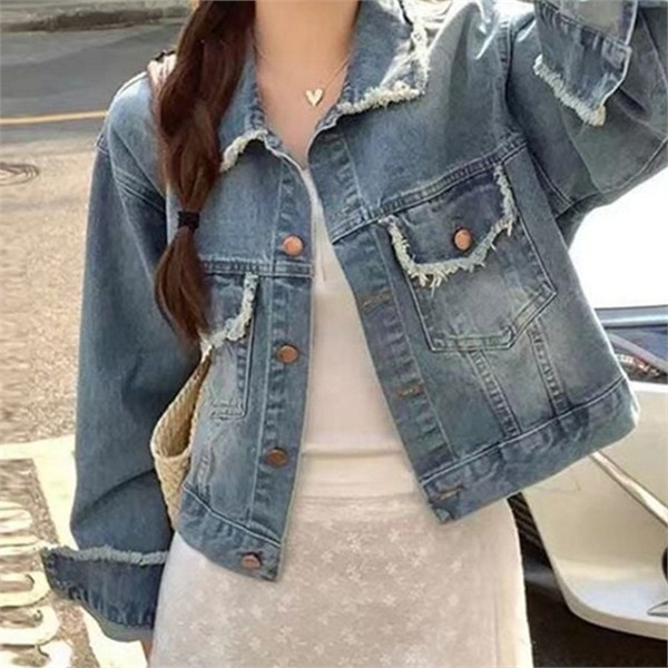 캐주얼 여성 크롭 청자켓 투포켓 여성 크롭 데님 수술 헤짐 - 상품 이미지