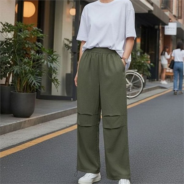 편안한 여성 와이드 팬츠 고무줄 여성 스트링 팬츠 데일리 쿨링 - 상품 이미지