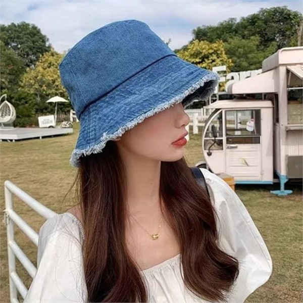 워시드 데님 벙거지 모자 프린지 데님 버킷 햇 남여공용 데일리 - 상품 이미지