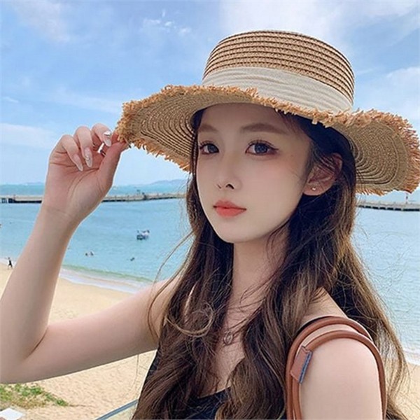 와이드챙 여성 밀짚 모자 56-60cm 리본 여성 비치 모자 데일리 - 상품 이미지