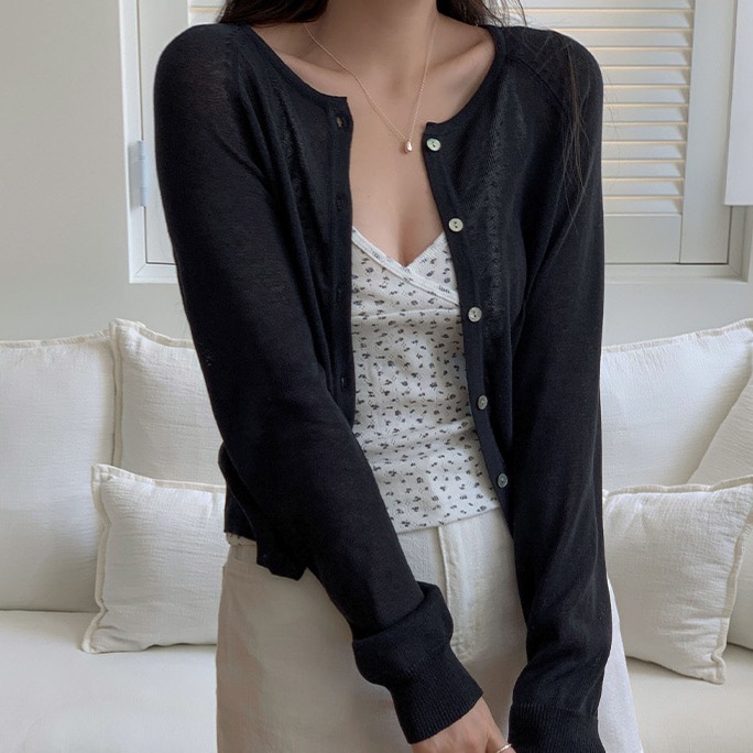 내추럴 라운드넥 린넨 혼방 긴팔 가디건 이미지 7