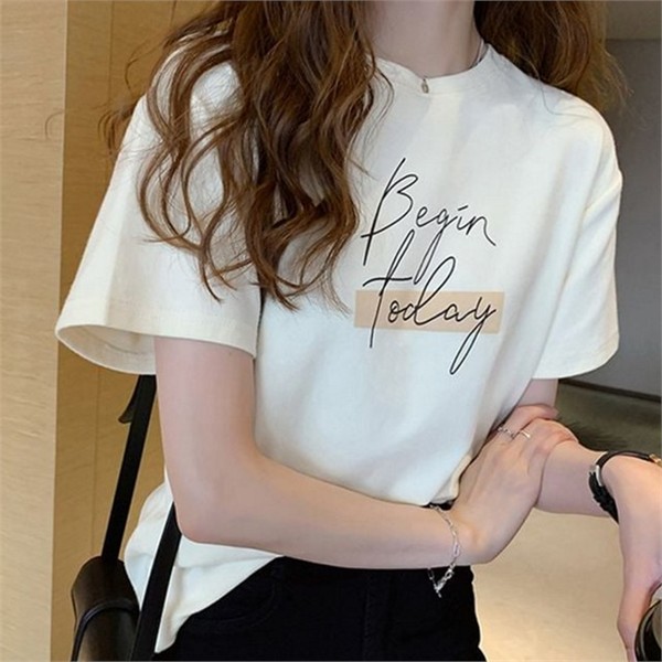 루즈핏 여성 반팔 티셔츠 데일리 여성 라운드 넥 티셔츠 레터링 - 상품 이미지