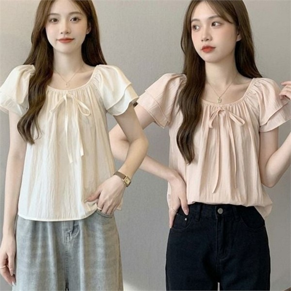 러블리 여성 오프숄더 블라우스 퍼프 여성 반팔 블라우스 데일리 여름 - 상세 이미지 2
