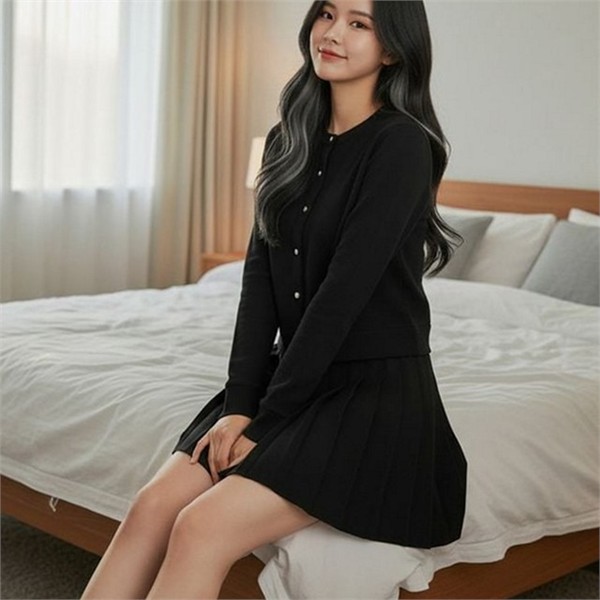 베이직 여성 가디건 치마 플리츠 여성 주름 치마 투피스 데일리 - 상품 이미지