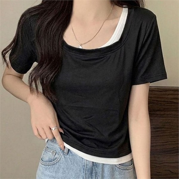 데일리 여성 레이어드 티셔츠 루즈핏 여성 반팔 티셔츠 사선넥 여름 - 상품 이미지