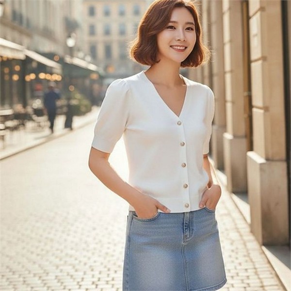 브이넥 여성 여름 가디건 슬림핏 여성 반팔 가디건 데이트 오피스 - 상세 이미지 2