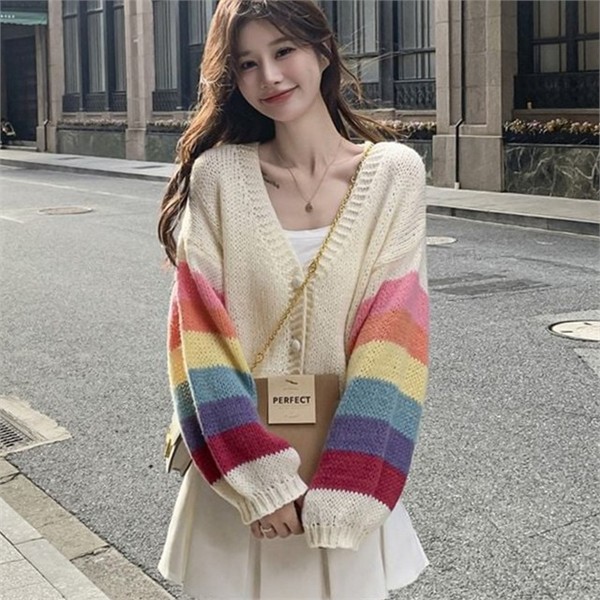 루즈핏 여성 레인보우 가디건 라운드 여성 배색 가디건 봄가을 데일리 - 상품 이미지