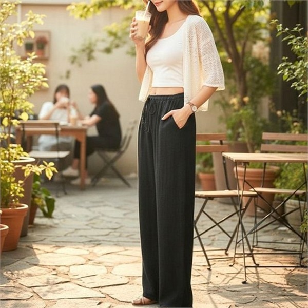 캐주얼 여성 린넨 와이드 팬츠 데일리 여성 여름 와이드 - 상품 이미지