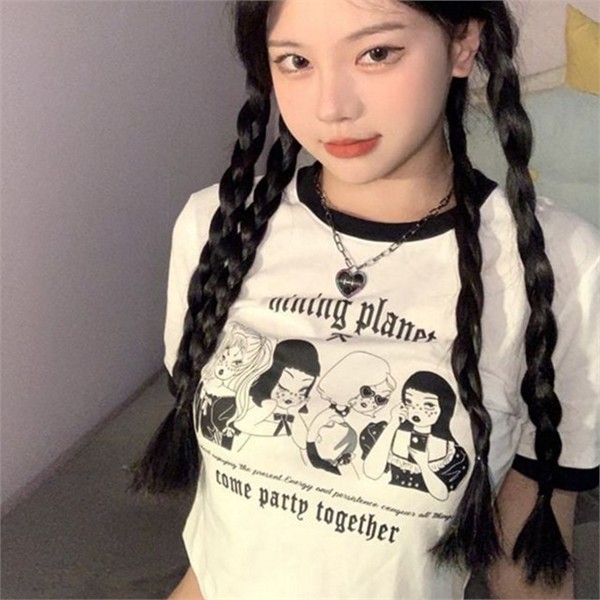 루즈핏 여성 크롭 반팔 티 빈티지 여성 배색 크롭 - 상품 이미지