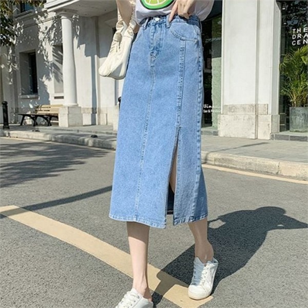 데일리 여성 롱 데님 스커트 앞트임 여성 데님 하이 청치마 - 상품 이미지