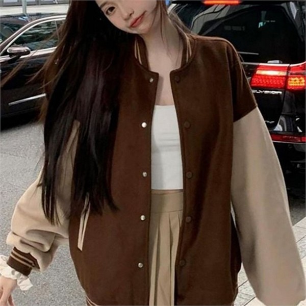 캐주얼 여성 오버핏 야구 점퍼 간절기 여성 배색 점퍼 라운드 - 상품 이미지