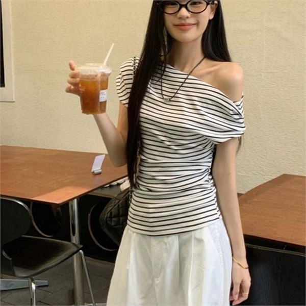 언발란스 여성 오프숄더 티셔츠 루즈핏 여성 스트라이프 티셔츠 반팔 여름 - 상품 이미지
