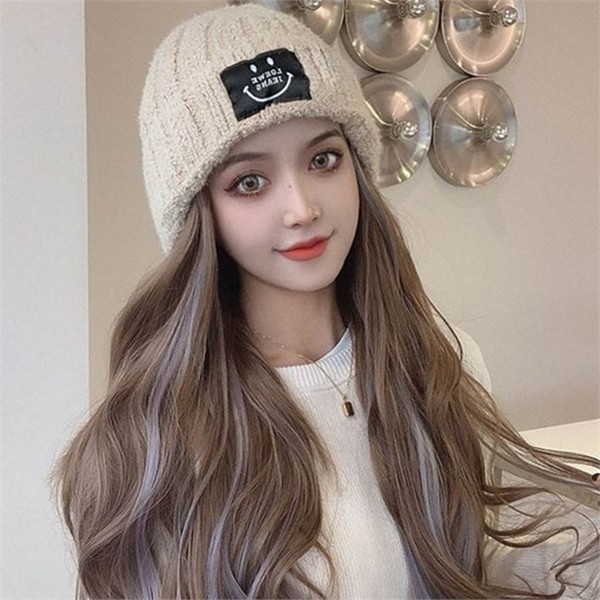 투톤 여성 비니 모자 가발 45cm 일체형 여성 웨이브 긴 - 상세 이미지 2