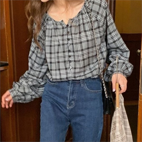 루즈핏 여성 체크 블라우스 데일리 여성 긴 팔 블라우스 캐주얼 - 상품 이미지