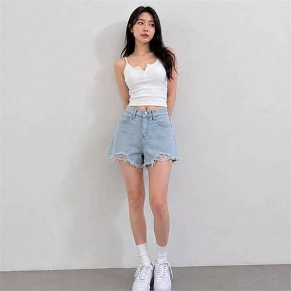 슬림핏 여성 찢청 반바지 캐주얼 여성 데미지 반바지 숏팬츠 데님 - 상품 이미지