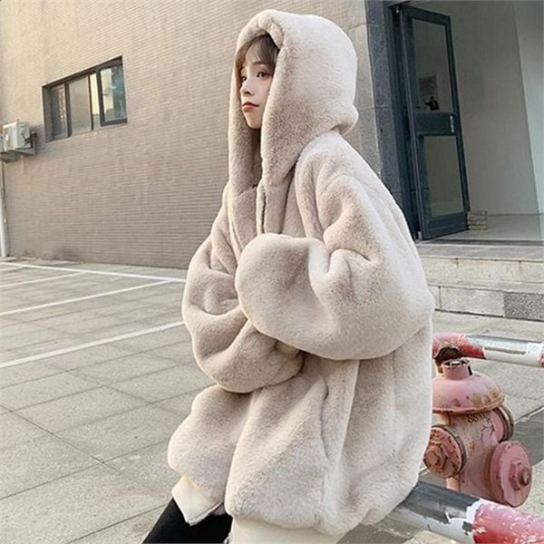오버핏 여성 밍크 퍼 후드 인조 여성 후드 점퍼 양털 - 상품 이미지