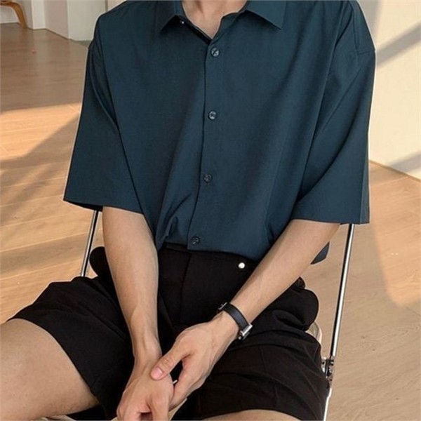 드롭 반팔 셔츠 남성 오버핏 셔츠 루즈핏 캐주얼 여름 기본 - 상품 이미지