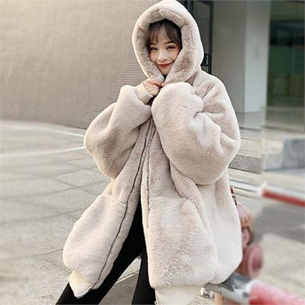 겨울 여성 페이크 퍼 후드 집업 양털 여성 후드 - 상품 이미지