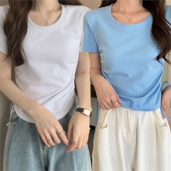 데일리 여성 크롭 반팔 티 슬림핏 여성 라운드 넥 티셔츠 - 상품 이미지