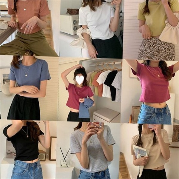 베이직 여성 크롭 반팔 티 데일리 여성 크롭 티셔츠 라운드 - 상품 이미지