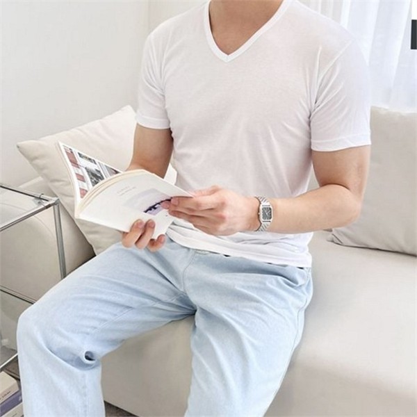 기본 브이넥 티셔츠 데일리 반팔 티셔츠 캐주얼 여름 남성 - 상품 이미지