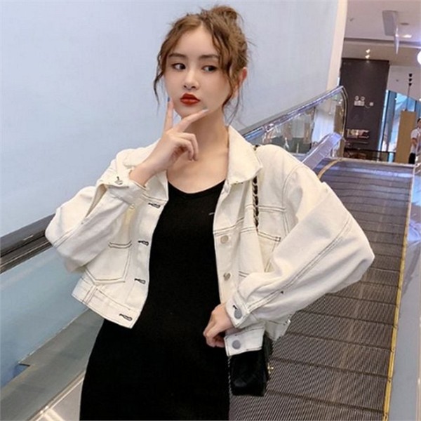 트렌디 여성 크롭 데님 자켓 오버핏 여성 데님 스티치 - 상품 이미지