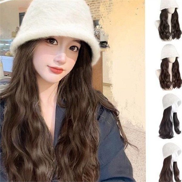 앙고라 여성 버킷 햇 가발 벙거지 여성 웨이브 가발 고열사 - 상품 이미지