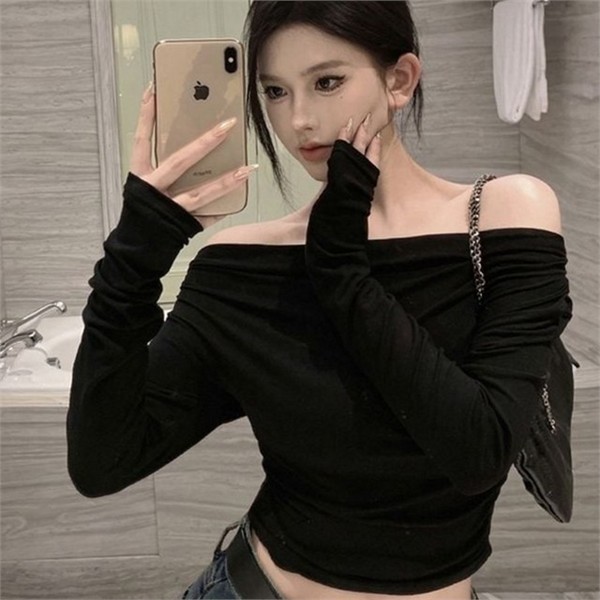 클럽룩 여성 오프숄더 티셔츠 캐주얼 여성 슬림핏 티셔츠 데일리 나들이 - 상세 이미지 2