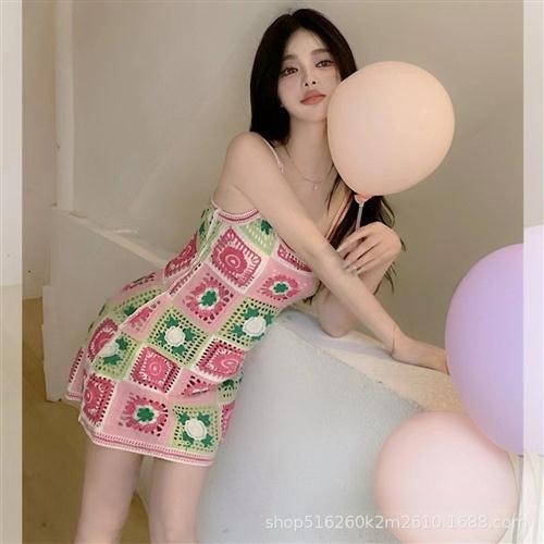끈나시 뜨게 원피스 니트 크로쉐 바캉스 호캉스 휴양지 리조트 컬러 블록 핑크 - 상세 이미지 2