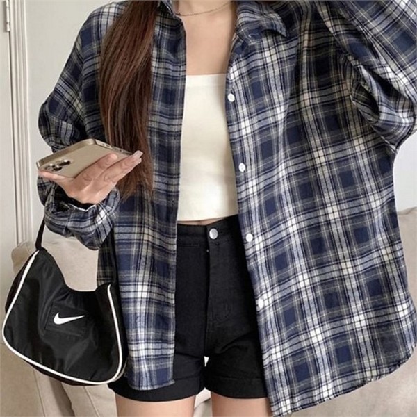 루즈핏 여성 체크 셔츠 캐주얼 여성 남방 셔츠 데일리 빅사이즈 - 상품 이미지