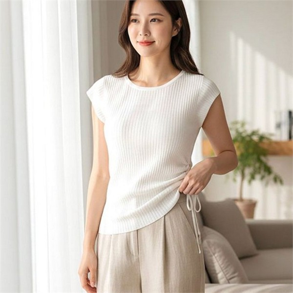 데일리 여성 반팔 티셔츠 라운드 여성 캡 소매 티셔츠 슬림핏 - 상품 이미지