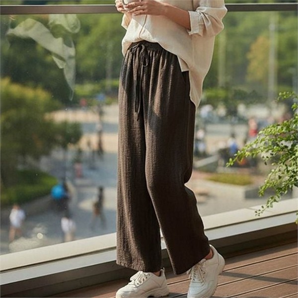 데일리 여성 린넨 와이드 팬츠 조거 여성 스트링 와이드 바지 - 상품 이미지