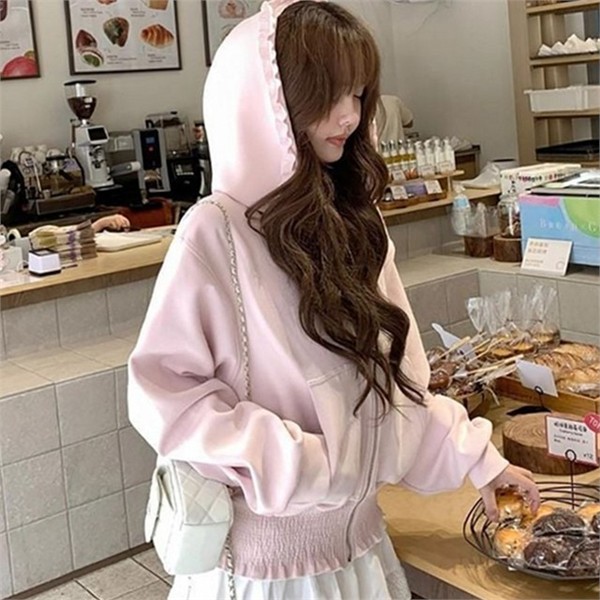 루즈핏 여성 프릴 후드집업 캐주얼 여성 아우터 스트링 크롭 - 상세 이미지 2