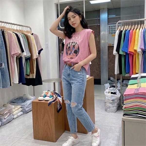 빈티지 여성 프린팅 티셔츠 루즈핏 여성 민소매 티셔츠 데일리 여름 - 상품 이미지