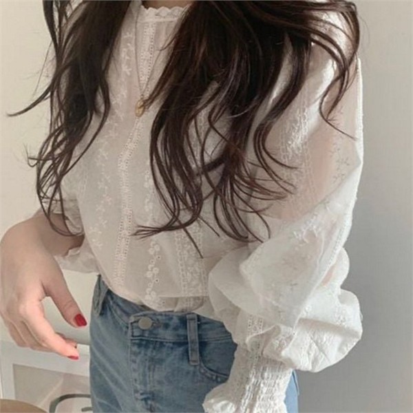 레이스 여성 프릴 블라우스 데이트 여성 플리츠 블라우스 티셔츠 루즈핏 - 상세 이미지 2