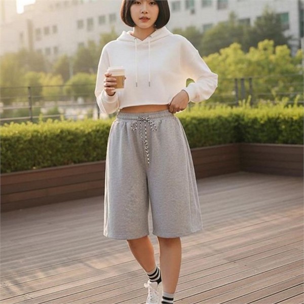 루즈핏 여성 밴딩 반바지 와이드 여성 스트링 반바지 데일리 여름 - 상품 이미지