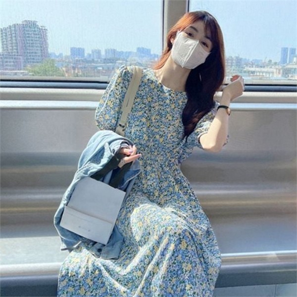 시원한 여성 반팔 원피스 플레어 여성 플라워 원피스 데일리 바캉스 - 상품 이미지