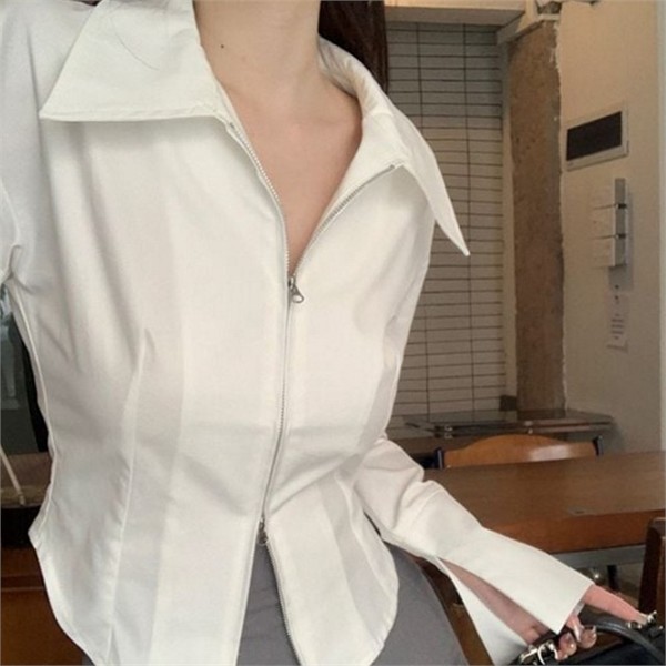 루즈핏 여성 카라 긴 팔 셔츠 블라우스 여성 투웨이 지퍼 - 상품 이미지