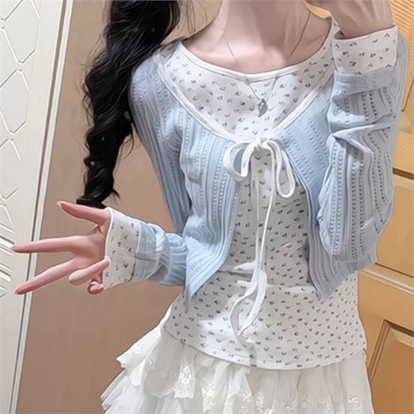 일체형 여성 레이어드 티셔츠 플라워 여성 리본 티셔츠 루즈핏 프린트 - 상품 이미지