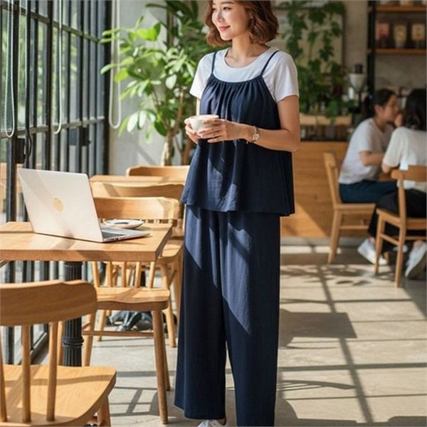 데일리룩 여성 나시 와이드 팬츠 루즈핏 여성 투피스 캐주얼 여름 - 상세 이미지 2