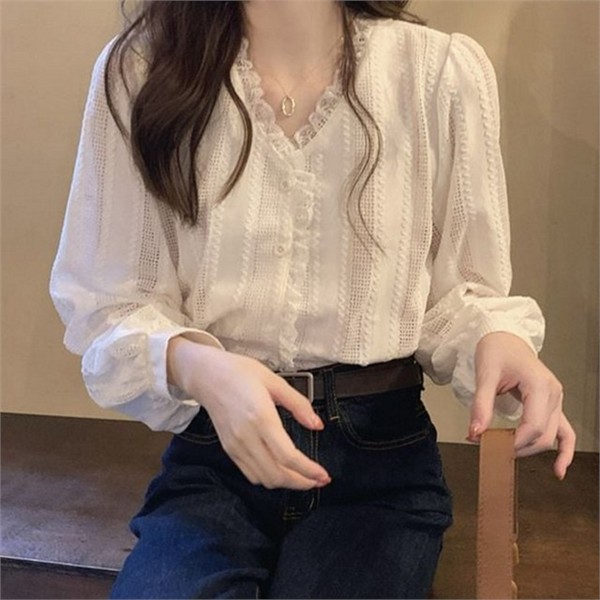 시스루 여성 펀칭 블라우스 프릴 여성 레이스 블라우스 하객룩 데일리 - 상품 이미지