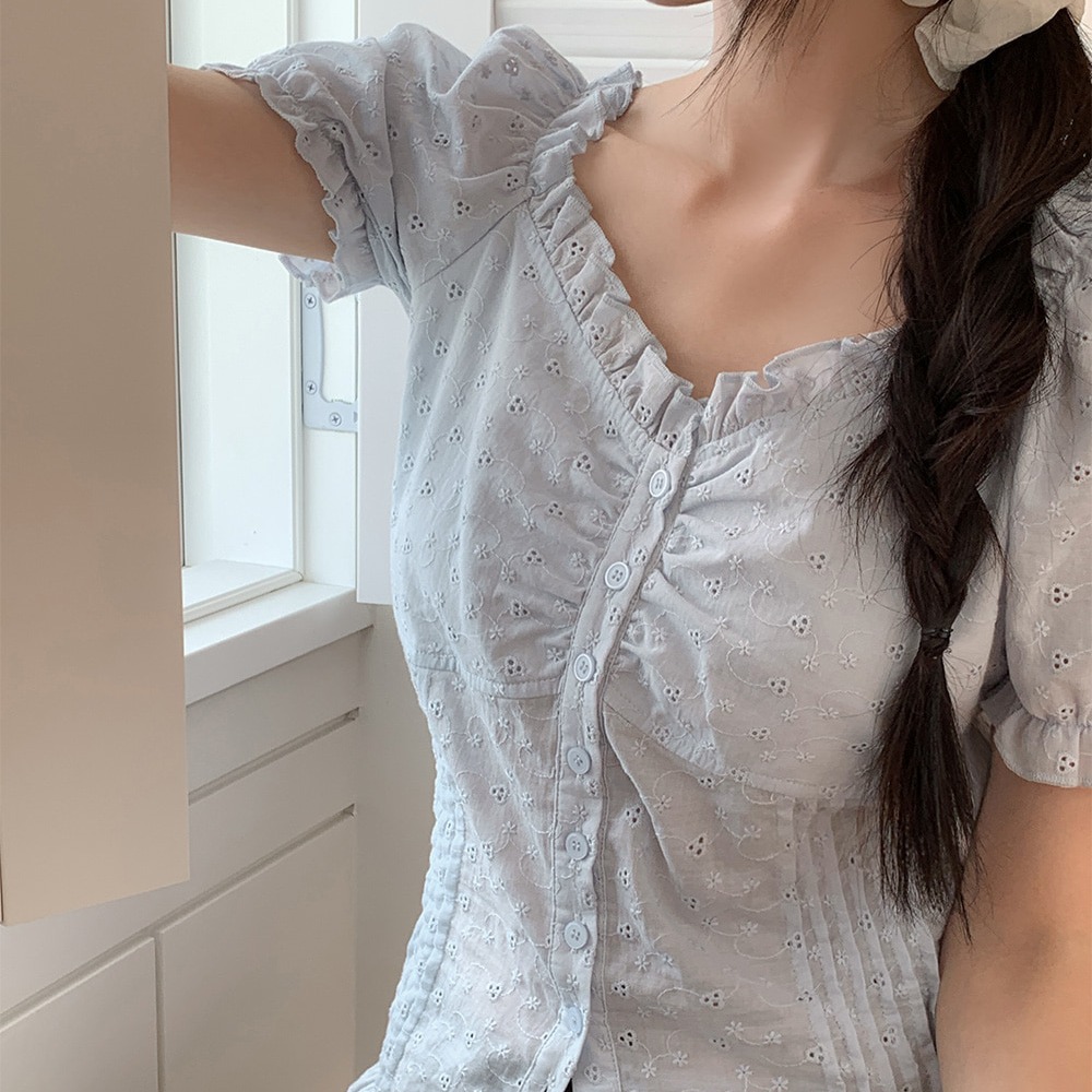 투웨이 오프숄더 레이스 펀칭 코튼 블라우스 이미지 8