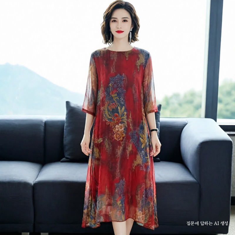 빅사이즈 여성 중년원피스 시폰 미디 하객룩 엄마옷 체형커버 롱원피스 여유핏 블랙 5XL - 상세 이미지 5
