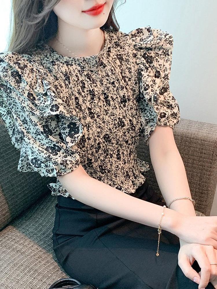 여성 데이트룩 플라워 프릴 블라우스 반팔 꽃무늬 셔츠 플로럴 패턴 셔츠 S - 상품 이미지