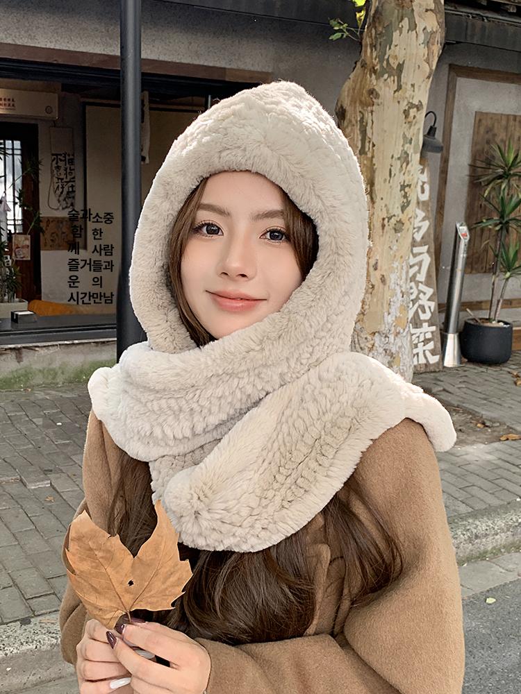 토끼털 여성 후드머플러 겨울 목도리 밀크티 프리사이즈 - 상품 이미지
