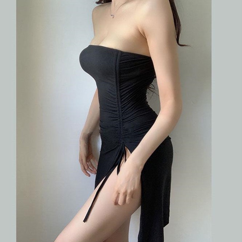 오프숄더 초미니 블랙 섹시 원피스 홀복 옆트임 사선 드로스트링 클럽룩 - 상세 이미지 4